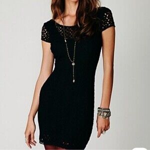 Free People Black Crochet Cap Sleeve Gypsy Lace Dress Women's Size Small